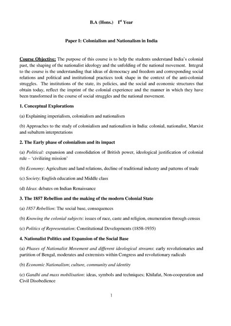 B.A. (Hons) Annual Mode - B (Hons.) Ist Year Paper I: Colonialism and ...