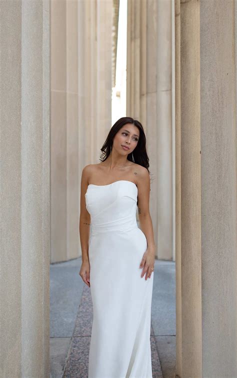 Luxurious Strapless Satin Column Wedding Dress with Cathedral Train