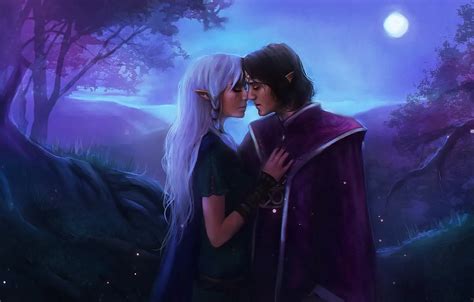 Wallpaper girl, trees, night, the moon, guy, pointy ears, a couple in ...