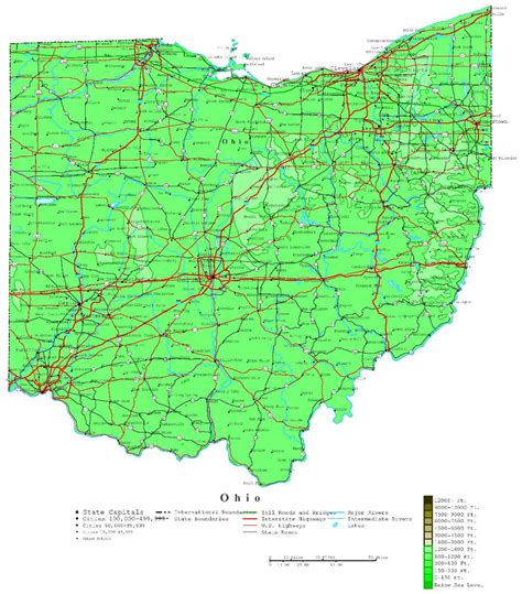 Large detailed elevation map of Ohio state with roads, highways and ...