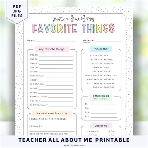 My Favorite Things List Printable | Printable AT A GLANCE