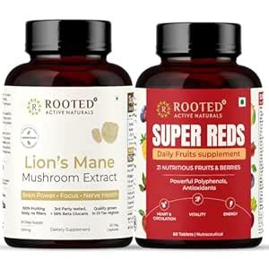 Rooted Active Naturals Super Reds Powder + Lion’s Mane Capsules (60 ...