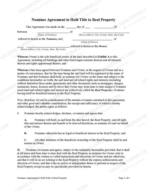 Nominee Agreement to Hold Title to Real Property | US Legal Forms