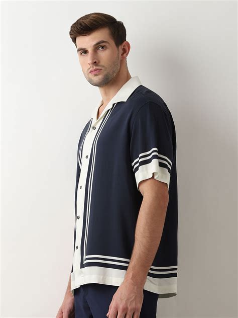 Buy Blue Colourblocked Cuban Collar Oversized Shirt for Men Online