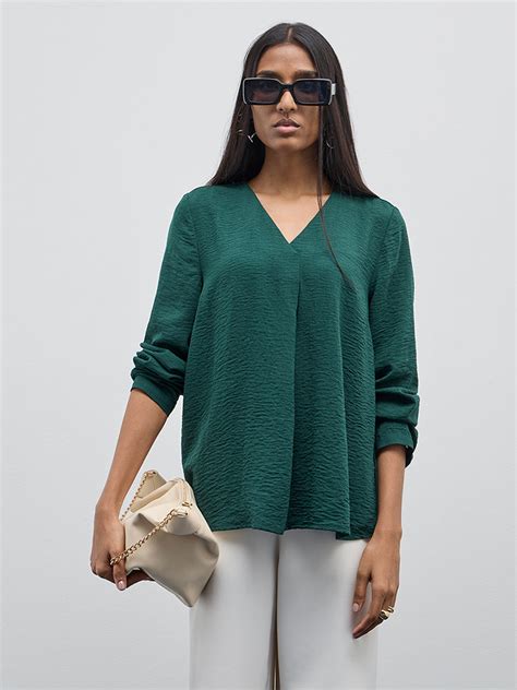 Buy Wardrobe Dark Green Crinkle-Textured Top from Westside