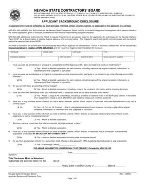 Nevada Contractor Background Disclosure Form - Blank Fillable Template ...