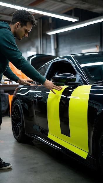 Unknown man touching a neon yellow vinyl wrap added on a black car repr ...