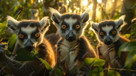 Premium Photo | Three Lemurs With Big Eyes Are Sitting in the Trees ...