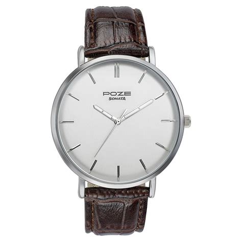 Sonata Poze Quartz Analog Silver Dial Leather Strap Watch for Men