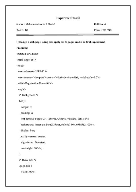 BE CSE Experiment 2: Web Page Design Using CSS - Studocu