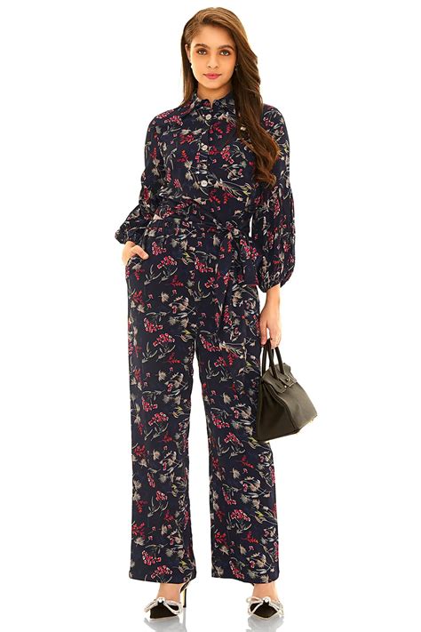 Navy Floral Co-Ord Set | Belted Shirt & Wide-Leg Pants