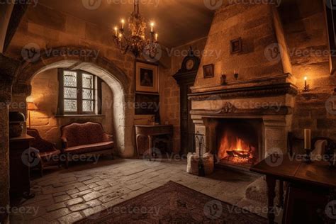 Cozy fireplace in a room in a medieval gothic castle. 23803347 Stock ...