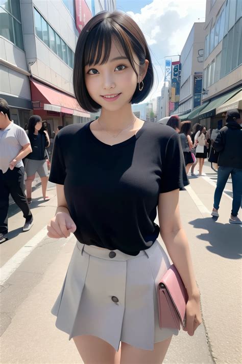 A woman in a short skirt and black shirt is walking down the street ...