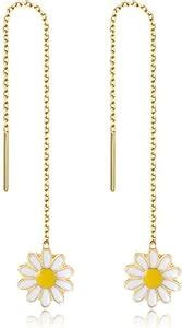 El Regalo Enamel Daisy Flower Threader Drop Earrings- Cute Flower Ear ...