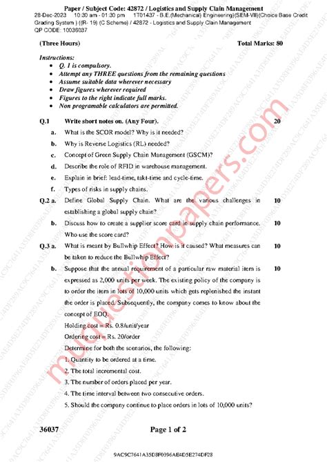 Logistics and Supply Chain Management Exam (42872) - Dec 2023, SEM-7 ...