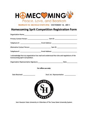 Homecoming Spirit Competition Registration Form - Shsu - Fill and Sign ...