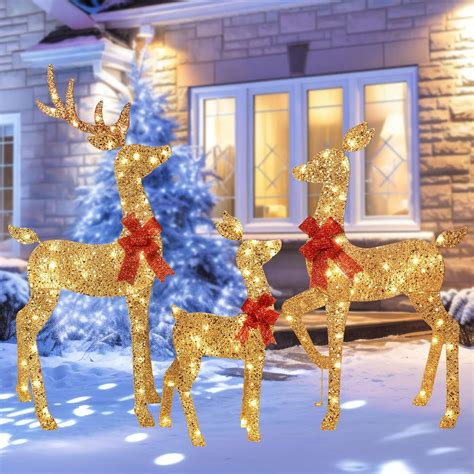 3-Piece 2D Lighted Christmas Deer Family Set - HOYECHI Large Outdoor ...