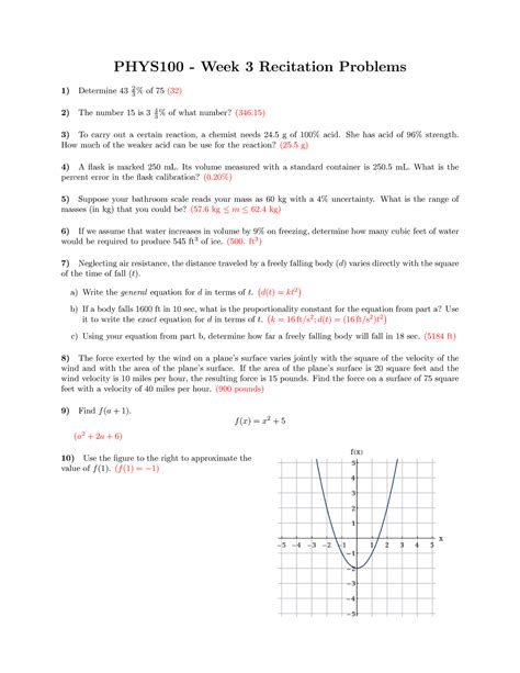 PHYS 100 Recitation Week 3 - PHYS100 - Week 3 Recitation Problems Determine 43 23 % of 75 (32 ...
