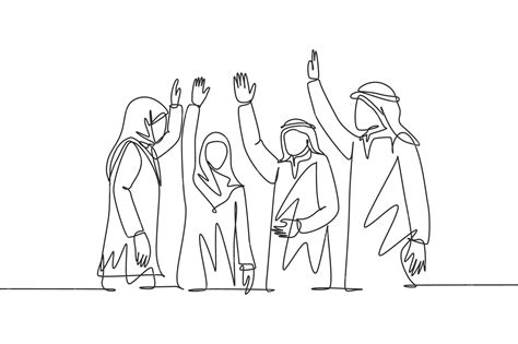 Single continuous line drawing of male and female muslim managers ...