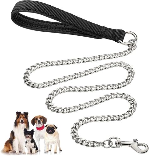 Heavy Duty Metal Dog Leash, 4FT Chew Proof Pet Leash Chain with Soft Padded Handle for Large ...