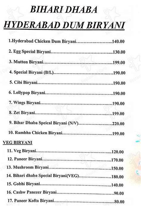 Menu at Bihari Dhaba, Vellore, 59