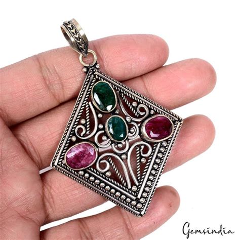 21.10gm Natural Red Ruby Green Emerald Gems With German Carved Silver ...