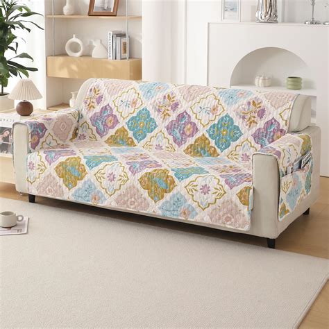 HOKIPO Polyester 3 Seater Quilted Sofa Cover with Pockets, Quatrefoil ...