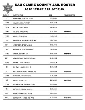 Eau Claire County Roster Jail Roster Pdf - Fill Online, Printable ...