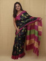 Exquisite Black Hand Painted Kalamkari Pure Desi Tussar Silk Saree