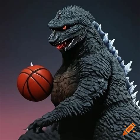 Humorous depiction of godzilla playing basketball