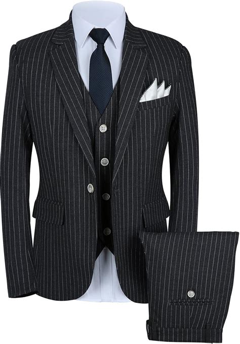 Mens Pinstripe Suit 3 Piece Slim Fit Casual Dress Suits Blazer+Vest ...