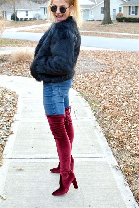 Navy Faux Fur Coat + Burgundy Thigh High Boots. | Le Stylo Rouge
