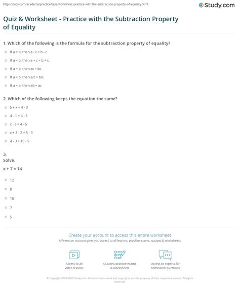 Subtraction Property Of Equality Worksheets