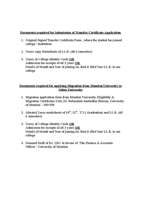 Checklist for Transfer & Migration Certificate Applications - LL.B ...