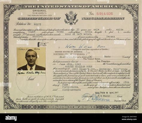 United States naturalization certificate for Walter William Horn 1943 ...
