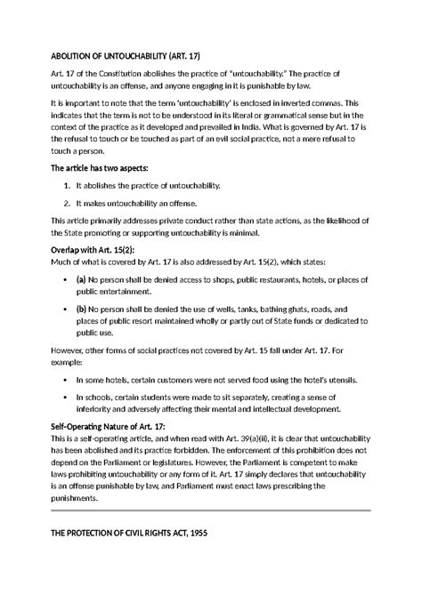 Constitutional Law Notes: Abolition of Untouchability (Art. 17) - Studocu