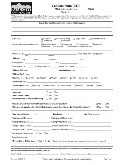 Park City MLS Condominium Data Input Form - Blank Fillable Template ...