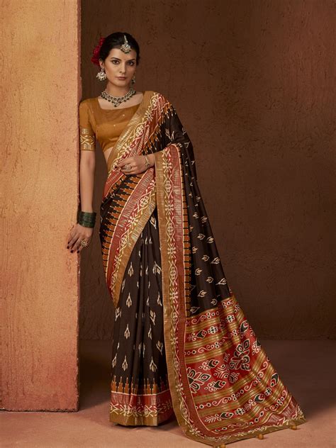 Stylum Women's Ikat Printed Zari Border Silk Saree (SRAROMAABROWN ...