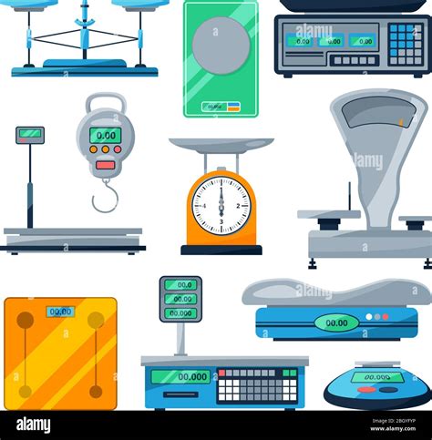 Vector set of different types of scales. Weight measurement and collection of weight scale ...