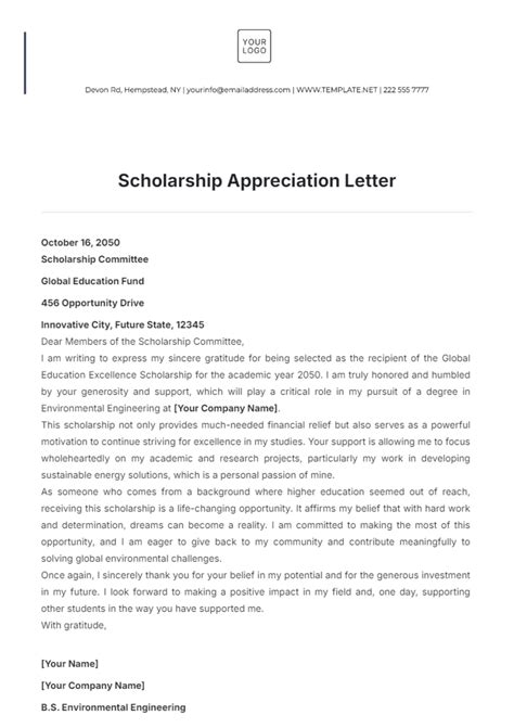 Free Scholarship Appreciation Letter Template to Edit Online