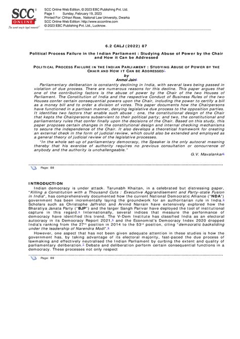 Abuse of power by chair parliament - 6 .2 CALJ ( 2 0 2 2 ) 8 7 Polit ...