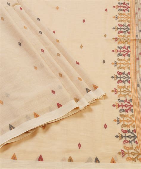 Peach Handloom Color Cotton Jamdani Saree With Box Stripe Woven On Pal ...