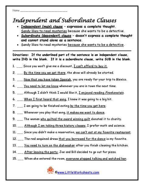 Independandsub 1 - Independent and Subordinate clauses worksheet - Name ...