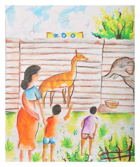 Rupa Art A Family in a Zoo Drawing (Cotton, 34 cm x 42 cm x 2 cm ...