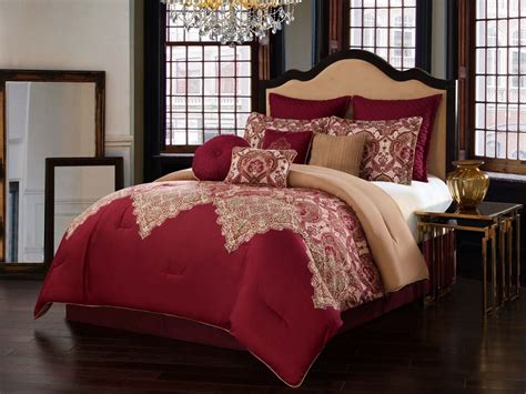 Queen King Burgundy Red Gold Damask Lace Medallion 10 pc Comforter Set ...