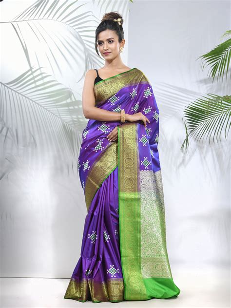 Violet Embroidered Motifs Silk Saree With Zari Borders – Charukriti