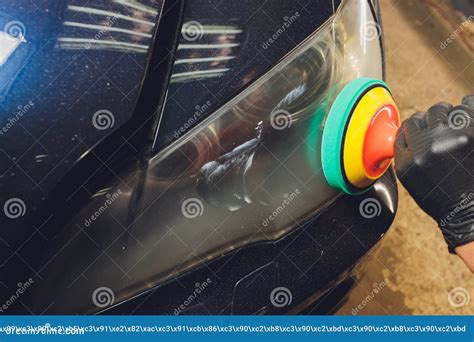 Car Headlights Cleaning with Power Buffer Machine at Car Service. Stock Image - Image of gloss ...