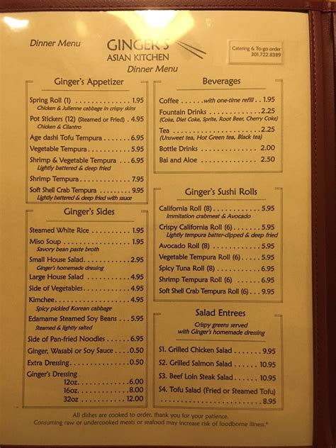 Menu at Ginger's Asian Kitchen restaurant, Cumberland