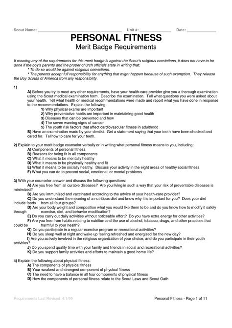 Personal Fitness Merit Badge Worksheet Answers | amulette