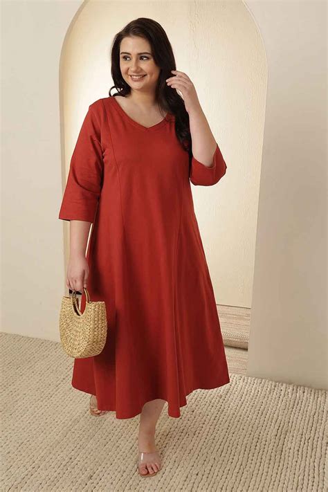 Plus Size Rust Red A-Line Cotton Dress | Amydus